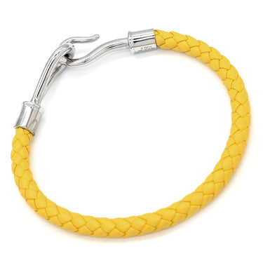 エルメス HERMES ジャンボ イエロー×シルバー レザー メタル ブレスレット 黄 編み込み レザーブレス