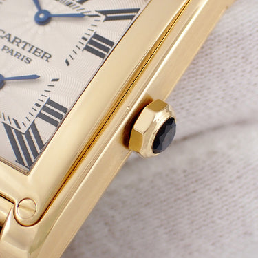腕時計 カルティエ Cartier タンク アビス 2タイムゾーン LM W1534251 手巻き メンズ メーカーOH済 K18YG無垢 ギョーシェ 青針