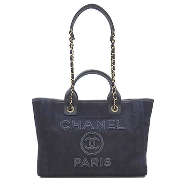 シャネル CHANEL ドーヴィル ショッピングバッグ ダークブルー デニム レザー トートバッグ ゴールド金具 ココマーク 肩掛け