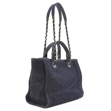シャネル CHANEL ドーヴィル ショッピングバッグ ダークブルー デニム レザー トートバッグ ゴールド金具 ココマーク 肩掛け