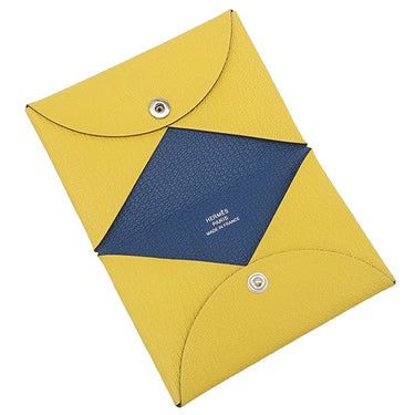 エルメス HERMES カルヴィ ヴェルソ ジョーヌナプル×ブルーサフィール シェーブル カードケース シルバー金具 黄色 青 カード入れ 名刺入れ