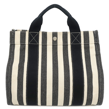 エルメス HERMES カンヌPM ブラック×ホワイト キャンバス トートバッグ シルバー金具 白 黒 ストライプ ポーチ付き