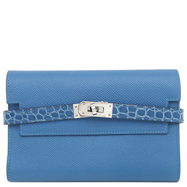 エルメス HERMES ケリーウォレット ミディアム タッチ ミコノス×ブルーゼリージュ ヴォーエプソン アリゲーター 三つ折り財布 シルバー金具 クロコ
