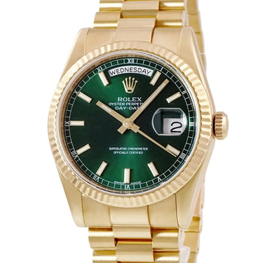 腕時計 ロレックス ROLEX デイデイト 36 118238 K番 自動巻き メンズ メーカーOH済 K番 K18YG無垢 グリーン バー プレジデントブレス