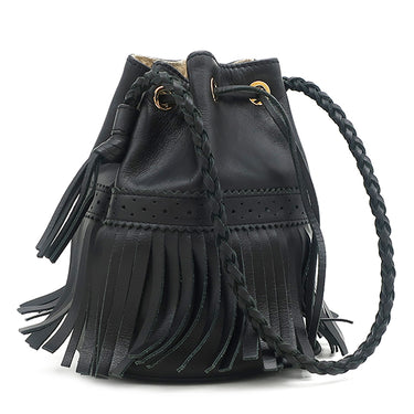 ジェイアンドエム デヴィッドソン J&M DAVIDSON カーニバル ブラック レザー ショルダーバッグ ゴールド金具 フリンジ パンチング ブローキング 巾着 ショルダー