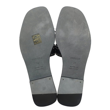 エルメス HERMES オラン スタッズ #38 ブラック カーフ #38 サンダル シルバー金具 H型 黒 フラットサンダル