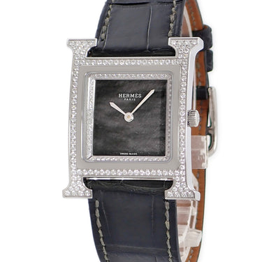 腕時計 エルメス HERMES Hウォッチ MM HH4.530 クオーツ メンズ レディース 純正ダイヤ オブシディアン 黒曜石 H型 スクエア