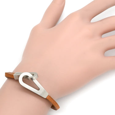 エルメス HERMES ジャンボジェット ゴールド×シルバー レザー メタル ブレスレット 茶 レザーブレス
