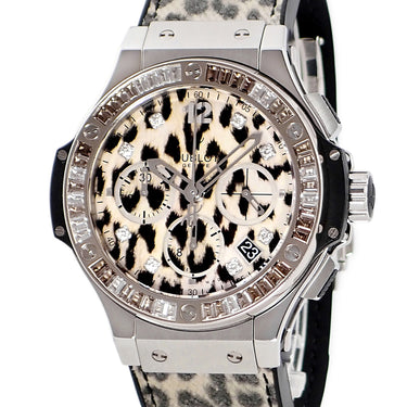 腕時計 ウブロ HUBLOT ビッグバン スノーレオパード 341.SX.7717.NR.1977 自動巻き メンズ OH済 純正ダイヤ ヒョウ柄 クロノグラフ 限定