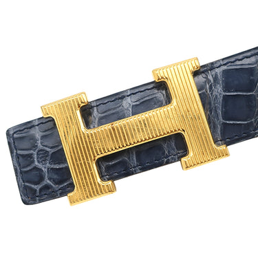 エルメス HERMES コンスタンスH #95 ブルー系 ポロサス #95 ベルト 青 クロコ Hバックル 艶あり