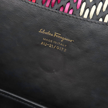フェラガモ FERRAGAMO ジグザグ イントレチャート チェーン ショルダー ブラック×マルチカラー レザー ショルダーバッグ ゴールド金具 ヴァラ リボン