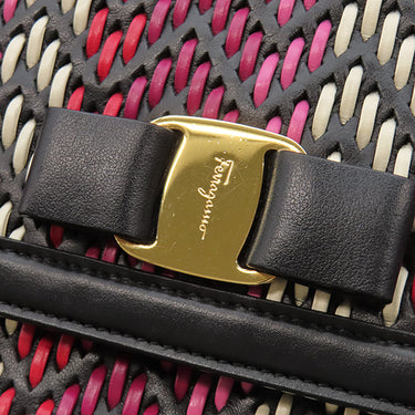 フェラガモ FERRAGAMO ジグザグ イントレチャート チェーン ショルダー ブラック×マルチカラー レザー ショルダーバッグ ゴールド金具 ヴァラ リボン