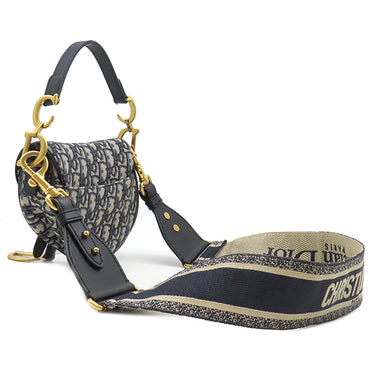 クリスチャン・ディオール Christian Dior トロッター サドルバッグ ネイビー キャンバス レザー オブリークジャカード 2WAYバッグ ゴールド金具 総柄 別売りショルダー付