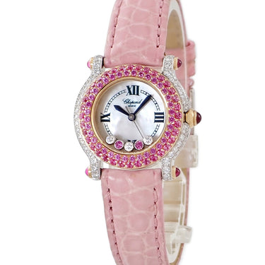 腕時計 ショパール CHOPARD ハッピースポーツ 27/6457-42 クオーツ レディース K18WG無垢 シェル 純正ダイヤ&ピンクサファイア