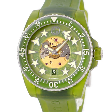 腕時計 グッチ GUCCI ダイブ DIVE 136.3 YA136345 自動巻き メンズ 新品同様 クリア グリーン バイオベースプラスチック 回転ベゼル