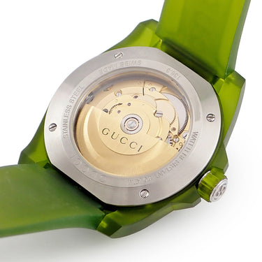 腕時計 グッチ GUCCI ダイブ DIVE 136.3 YA136345 自動巻き メンズ 新品同様 クリア グリーン バイオベースプラスチック 回転ベゼル