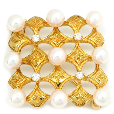ミキモト MIKIMOTO パール ダイヤ スクエア パールホワイト×イエローゴールド K18YG パール ブローチ シェル 750 18K YG