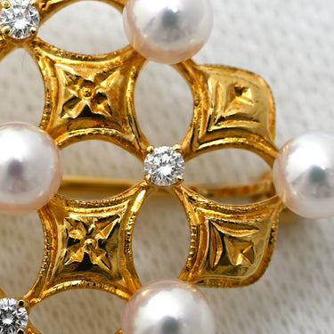 ミキモト MIKIMOTO パール ダイヤ スクエア パールホワイト×イエローゴールド K18YG パール ブローチ シェル 750 18K YG