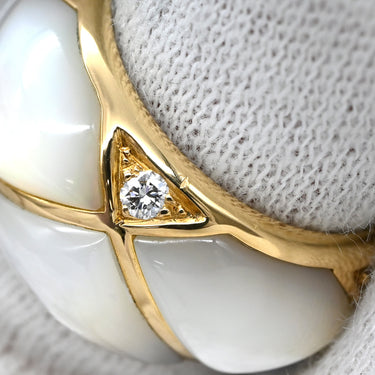 ヴァンクリーフアーペル Van Cleef & Arpels シェル ダイヤ ヴィンテージ パールホワイト×イエローゴールド K18YG ダイヤモンド マザーオブパール リング 指輪 750 YG 5Pダイヤ キルティングデザイン 10.5号