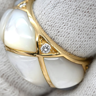 ヴァンクリーフアーペル Van Cleef & Arpels シェル ダイヤ ヴィンテージ パールホワイト×イエローゴールド K18YG ダイヤモンド マザーオブパール リング 指輪 750 YG 5Pダイヤ キルティングデザイン 10.5号