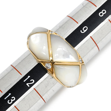 ヴァンクリーフアーペル Van Cleef & Arpels シェル ダイヤ ヴィンテージ パールホワイト×イエローゴールド K18YG ダイヤモンド マザーオブパール リング 指輪 750 YG 5Pダイヤ キルティングデザイン 10.5号