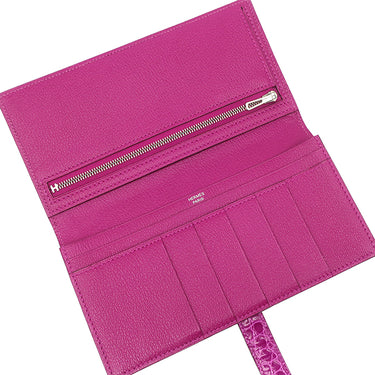 エルメス HERMES ベアンスフレ ローズシェヘラザード アリゲーター 長財布 シルバー金具 紫 二つ折り H金具 クロコ 艶あり