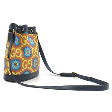 グッチ GUCCI GG カレイドスコープ 100周年記念 676682 ネイビー×マルチカラー PVC レザー ショルダーバッグ ゴールド金具 紺 幾何学柄 巾着 斜め掛け