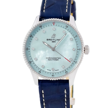 腕時計 ブライトリング BREITLING ナビタイマー 32 A77320 A77320171C1P1 クオーツ レディース 新品同様 純正ダイヤ ブルー シェル 水色