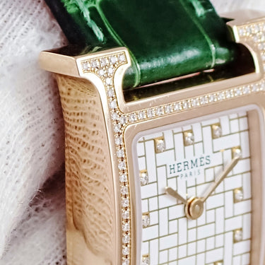 腕時計 エルメス HERMES Hウォッチ PM HH1.273c クオーツ レディース K18PG無垢 純正ダイヤ ホワイト スクエア H型 モザイク