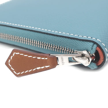 エルメス HERMES アザップロング シルクイン ニューブルージーン ヴォーエプソン 長財布 シルバー金具 水色 茶 ラウンドジップ