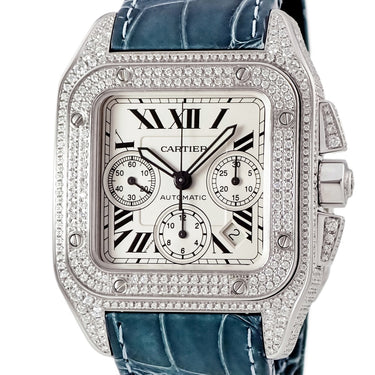 腕時計 カルティエ Cartier サントス100 XL クロノグラフ W20090X8 自動巻き メンズ ダイヤ スクエア ローマン スモールセコンド