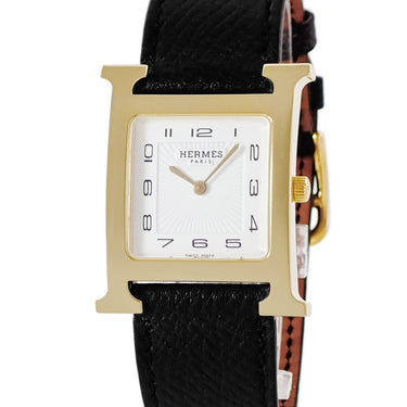 腕時計 エルメス HERMES Hウォッチ MM HH1.501 クオーツ メンズ レディース ホワイト 白 GP 金 メッキ H型 アラビア スクエア