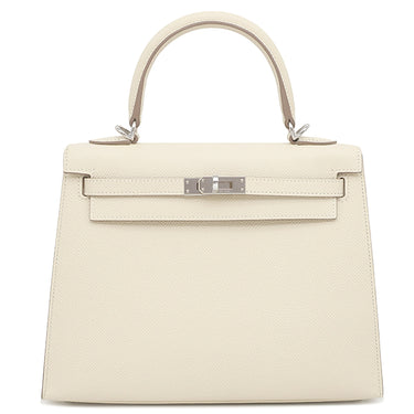 エルメス HERMES ケリー25 外縫い クレ ヴォーエプソン 2WAYバッグ シルバー金具 オフホワイト