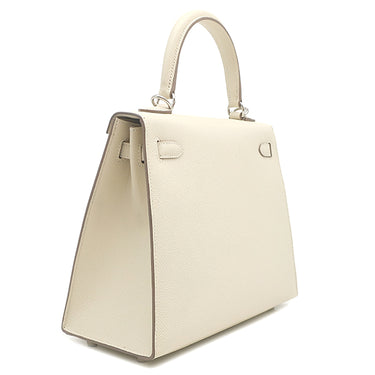 エルメス HERMES ケリー25 外縫い クレ ヴォーエプソン 2WAYバッグ シルバー金具 オフホワイト