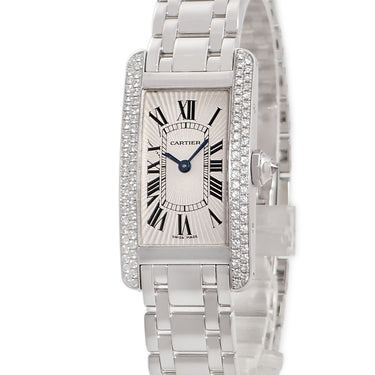 腕時計 カルティエ Cartier タンク アメリカン SM WB7018L1 クオーツ レディース K18WG無垢 純正ダイヤ ローマン 青針 ギョーシェ