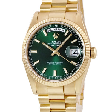 腕時計 ロレックス ROLEX デイデイト 36 118238 K番 自動巻き メンズ メーカーOH済 K番 K18YG無垢 プレジデントブレス グリーン バー