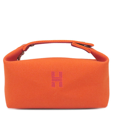 エルメス HERMES ブリッド ア ブラック PM オレンジ トワルシェブロン ポーチ シルバー金具 ハンドバッグ バニティ トワルH