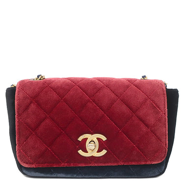 シャネル CHANEL マトラッセ チェーンショルダー レッド×ネイビー×ブラック ベロア ショルダーバッグ ゴールド金具 ベロア カメリア