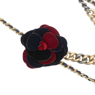 シャネル CHANEL マトラッセ チェーンショルダー レッド×ネイビー×ブラック ベロア ショルダーバッグ ゴールド金具 ベロア カメリア