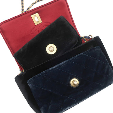 シャネル CHANEL マトラッセ チェーンショルダー レッド×ネイビー×ブラック ベロア ショルダーバッグ ゴールド金具 ベロア カメリア