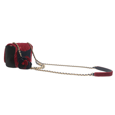 シャネル CHANEL マトラッセ チェーンショルダー レッド×ネイビー×ブラック ベロア ショルダーバッグ ゴールド金具 ベロア カメリア
