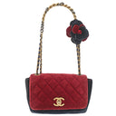 シャネル CHANEL マトラッセ チェーンショルダー レッド×ネイビー×ブラック ベロア ショルダーバッグ ゴールド金具 ベロア カメリア