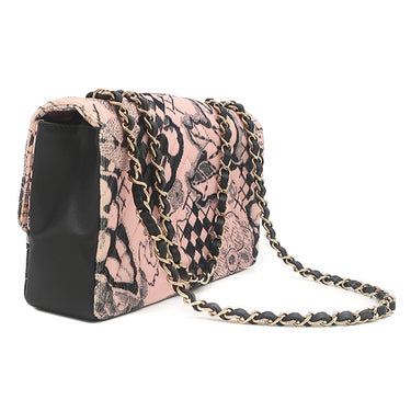 シャネル CHANEL カメリア リボン ピンク×ブラック コーデュロイ ラムスキン ショルダーバッグ ゴールド金具 シェブロン Vステッチ
