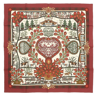 エルメス HERMES カレ90 レッド×マルチカラー シルク スカーフ 【DECOUPAGES/切り絵】
