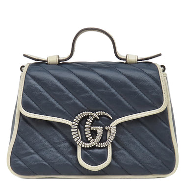 グッチ GUCCI GGマーモント ミニトップハンドル 583571 ネイビー×ホワイト レザー 2WAYバッグ シルバー金具 紺 白 ショルダー