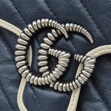 グッチ GUCCI GGマーモント ミニトップハンドル 583571 ネイビー×ホワイト レザー 2WAYバッグ シルバー金具 紺 白 ショルダー