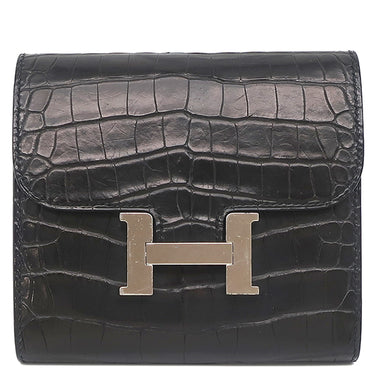 エルメス HERMES コンスタンス コンパクト ブラック アリゲーターマット 二つ折り財布 シルバー金具 コンパクトウォレット クロコ