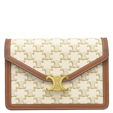 セリーヌ CELINE トリオンフ チェーンウォレット ホワイト×ブラウン PVCコーティングキャンバス レザー チェーンウォレット ゴールド金具 白 茶 ショルダー