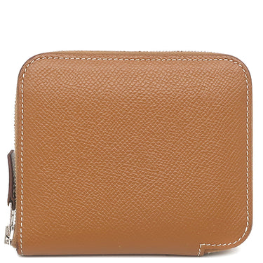エルメス HERMES アザップ シルクイン コンパクト ゴールド ヴォーエプソン コインケース シルバー金具 茶 ラウンドジップ