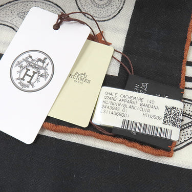 エルメス HERMES カレ140 カレジェアン H244394S ブラック×ホワイト×キュイール カシミヤ シルク ストール 新品 未使用 【グランアパラ バンダナ】